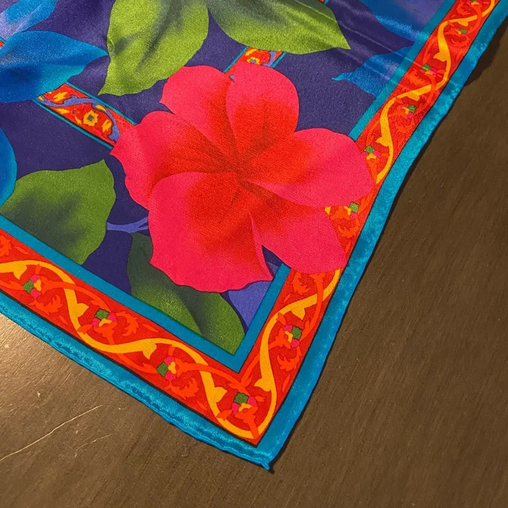 Vintage Tropical Floral Silk Scarf Large Square Hibiscus Navy Blue Red 34x34
